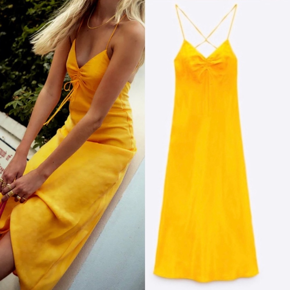 Zara satin effect midi dress in tangerine NWT